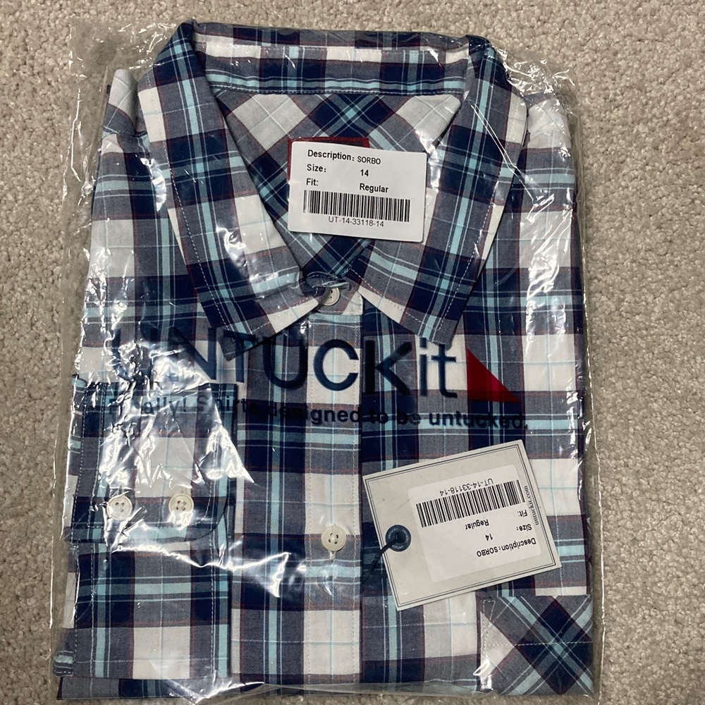 UNTUCKit Size 14 Navy and White Plaid Button Down Shirt Long Sleeve